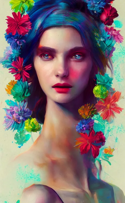 Prompt: stunning colorful mixed media art, female character portrait, shoulders can be seen, flowers, art by cgsociety, 8 k, high resolution