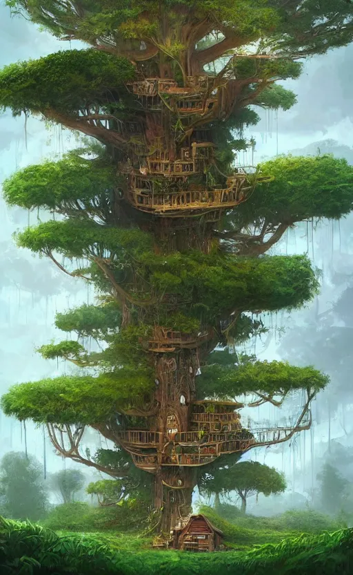 Image similar to a very tall tree with lots of plants growing on it, giant redwood treehouse, concept art by gediminas pranckevicius, cgsociety contest winner, fantasy art, dystopian art, made of vines, artstation hd