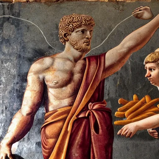 Image similar to photo of an ancient roman fresco on a wall in an ancient roman villa : mark zuckerberg as a roman noble senator next to a grill with meats. dressed in a white toga. serious facial expression. detailed, intricate artwork. faded shadows