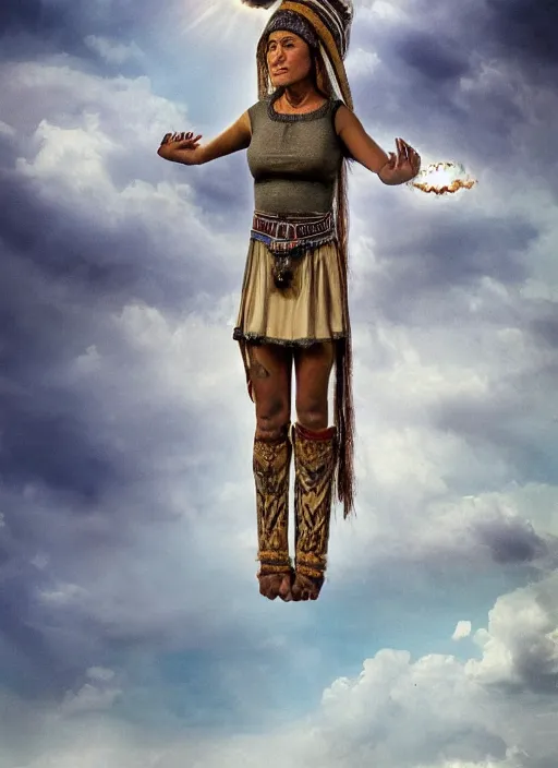 Image similar to incan female priest starring at the sky, with arms up, praying at the sky, realistic face, matte painting, fantasy art