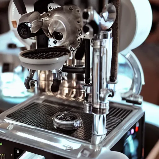 Prompt: dslr photo of a steampunk robotic coffee machine with small gears in an android coffee shop, by ridley scott,