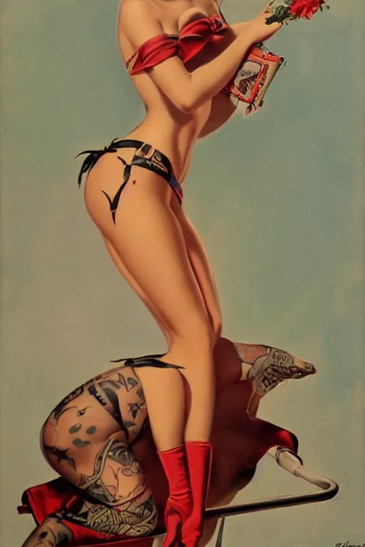 Prompt: Traditional American Tattoo of Pinup Girl by Gil Elvgren