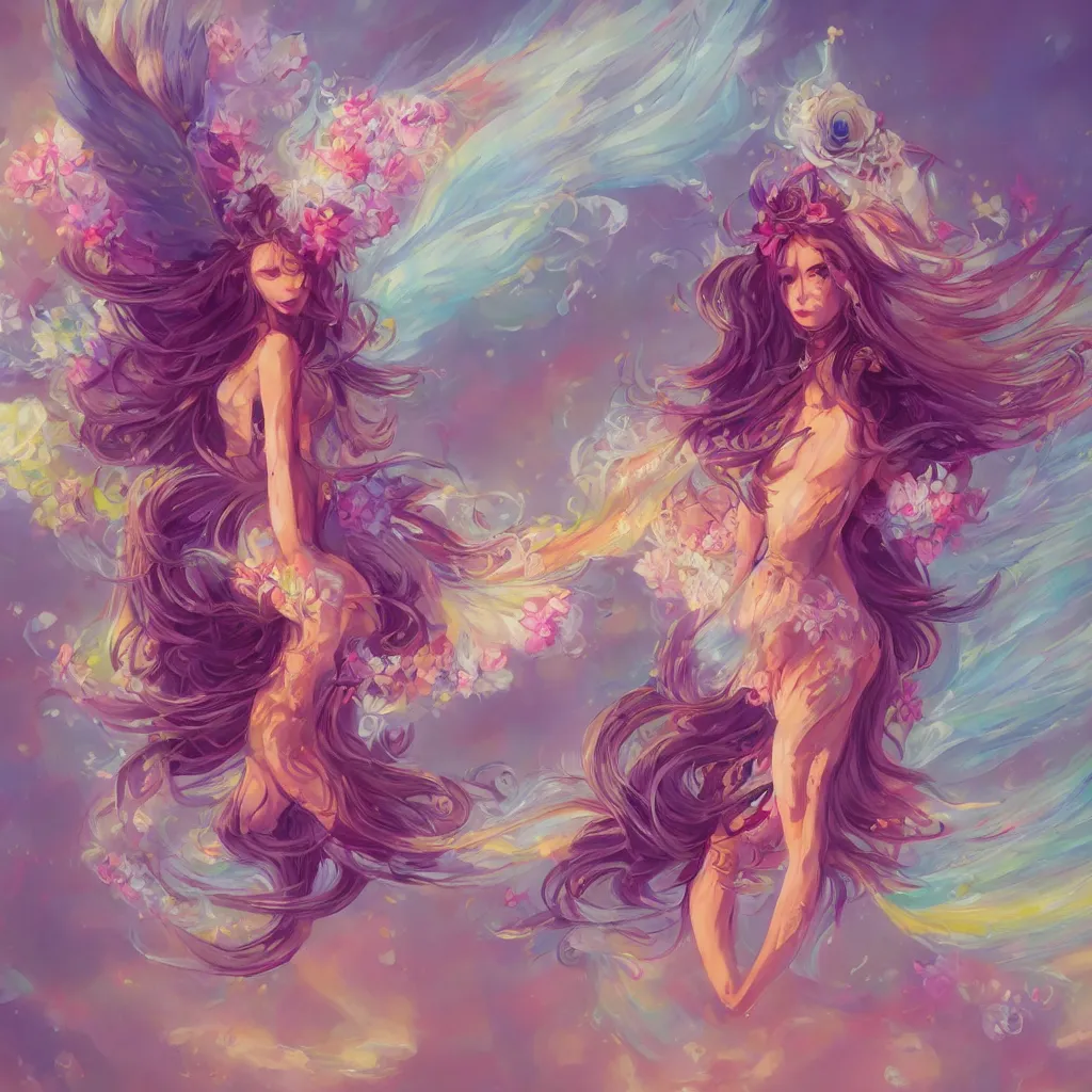 Image similar to a colorful and provenance illustrations painting of the fantasy angel flying with floral wings, highly detailed, her hair made of hair made of air wind and curling smoke and mist, the wings made of flowers, spirit fantasy concept art, art by aenami, alena, afshar, petros and leonid, trending on artstation.