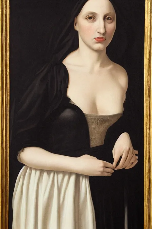 Prompt: hyperrealism portrait of dressed medieval woman in black sheets, pale skin, wearing dark silk, in style of classicism
