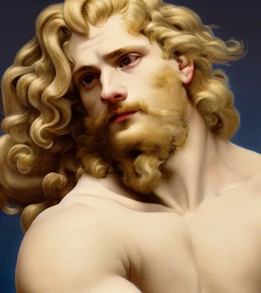 Prompt: clean cel shaded art of the greek God Apollo, long fluffy curly blond hair, light platinum long blond hair, Alexandre Cabanel, norman rockwell, peter paul rubens, maler collier, frank frazetta, alphonse mucha, gustav klimt 4k, unreal 5, DAZ, french noveau, trending on artstation, octane render, hyperrealistic