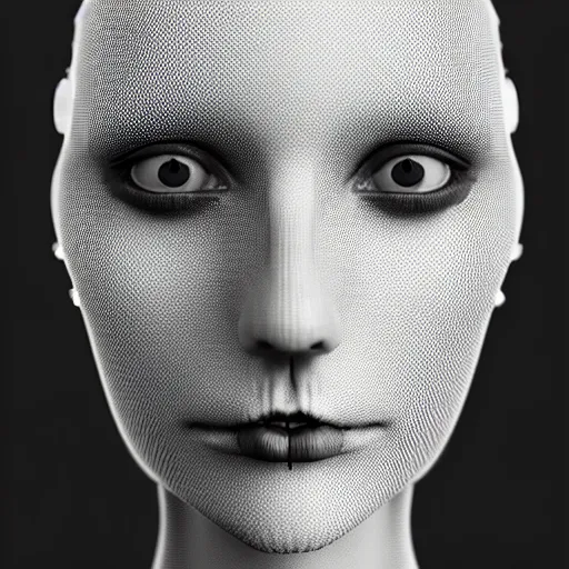 Prompt: black and white dreamy foggy smoky profile face portrait, single skeletal biomechanical beautiful young female cyclops - cyborg - robot bust, body ribs meshes, ray - traced, volumetric light, rim light, by dora maar and cecile beaton, big gothic fashion pearl embroidered collar, 8 k