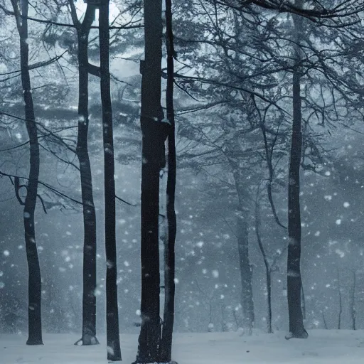 Prompt: a turbulent warping vortex floating in the air in the middle of the woods distorting the trees behind it, winter, snow, cold cinematic, hbo, dramatic, ARRI, 4k, highly detailed