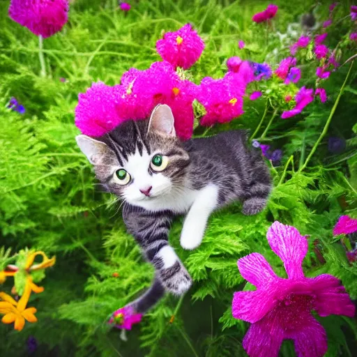 Image similar to a professional photograph of a tiny cat climbing a giant flower, high quality, highly detailed, cute, HD, 8K