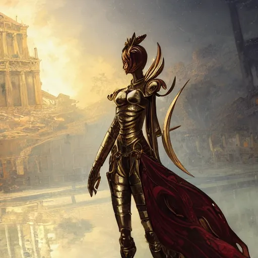 Image similar to portrait knights of Zodiac girl, metallic black and reddish color reflected armor, in ruined Agora of Athens, ssci-fi, fantasy, intricate, very very beautiful, elegant, golden light, highly detailed, digital painting, artstation, concept art, smooth, sharp focus, illustration, art by WLOP and tian zi and alphonse mucha