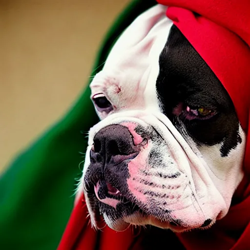 Image similar to portrait of american bulldog as afghan girl, green eyes and red scarf looking intently, photograph by steve mccurry