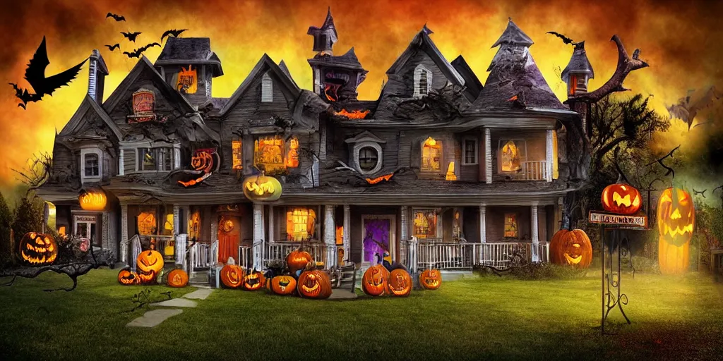 Prompt: halloween, trick or treat, monster house, poster, 3 d, studio lighting, digital art