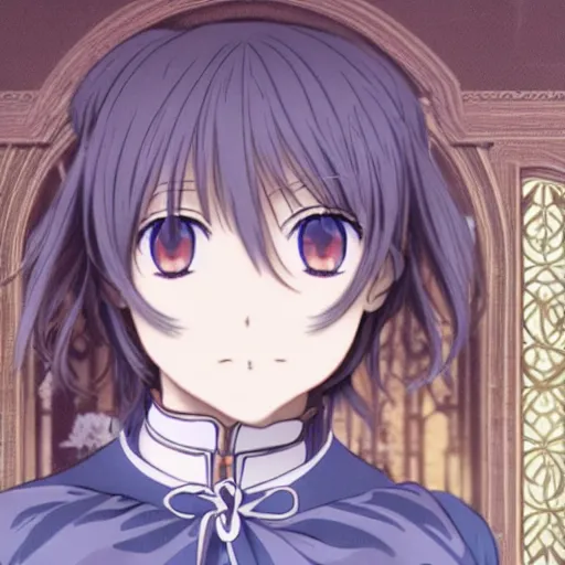 Image similar to character face portrait of violet evergarden by kyoto animation, in a victorian home background, anime