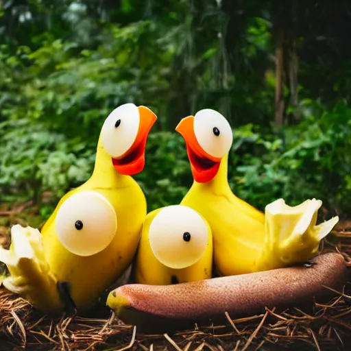 Image similar to professional photograph of banana ducks, peeled bananas with googly eyes and duck beaks