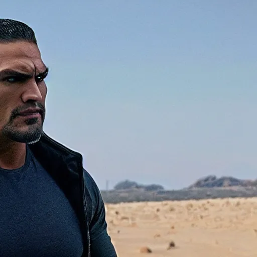 Image similar to film still of jason mamoa as the rock in fast and furious