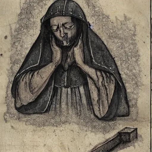 Prompt: of mediaeval man weeping concept art