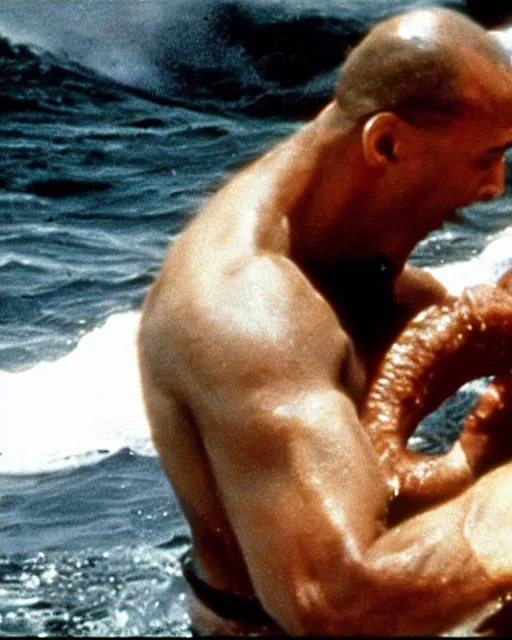 Prompt: film still close up shot of dwayne johnson wrestling a shark in the movie jaws. photographic, photography