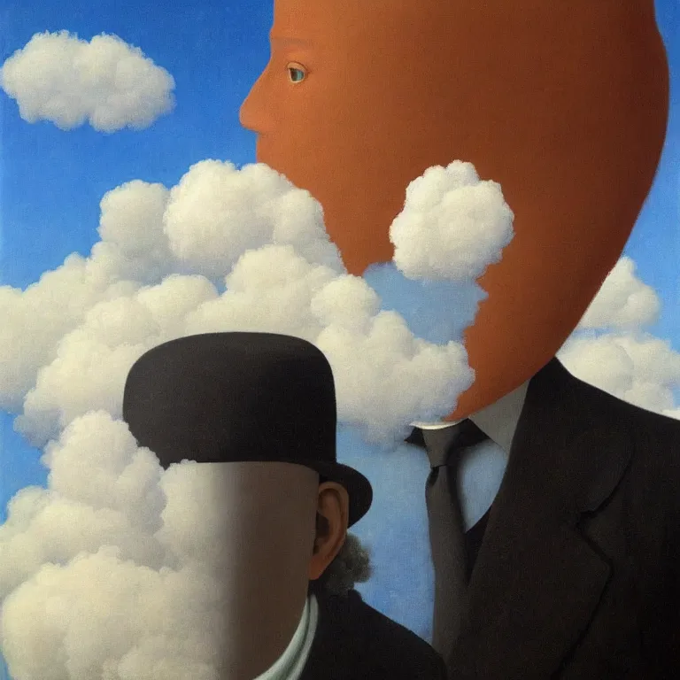 Image similar to portrait of a man whos head is hidden with a cloud, by rene magritte, detailed painting, hd, hq, high resolution, high detail, 4 k, 8 k