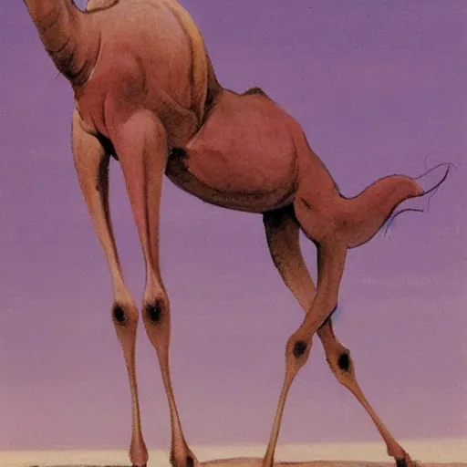 Prompt: a mauve camel with many long, spindly spider legs, painting by frank frazetta