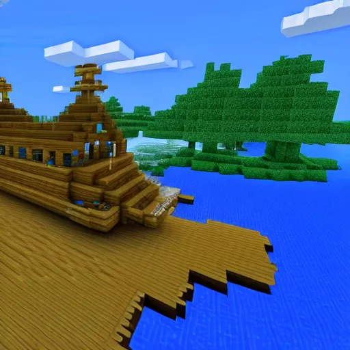 Image similar to a ferry at the sea, art by minecraft