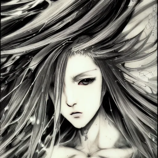 Image similar to yoshitaka amano realistic illustration of an anime girl with black eyes, wavy white hair fluttering in the wind and cracks on her face wearing elden ring armor with engraving, abstract black and white patterns on the background, noisy film grain effect, highly detailed, renaissance oil painting, weird portrait angle, three quarter view