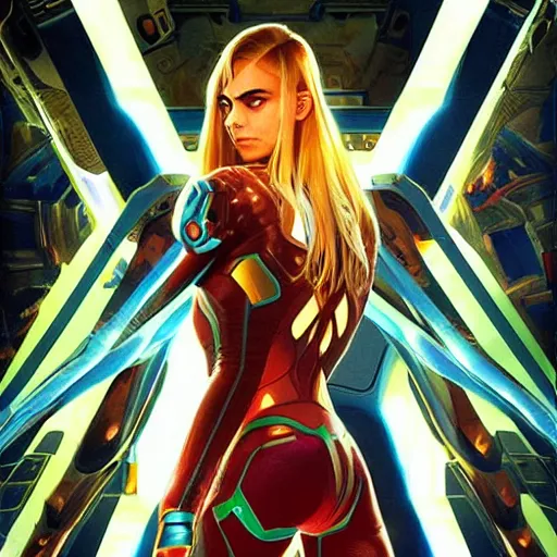 Image similar to Symmetric movie poster of Cara delevingne as Samus Aran , Marviel Style cover art, ultra wide lens shot,cinematic lighting, beautiful,art by Artgerm and Greg Rutkowski and Alphonse Mucha