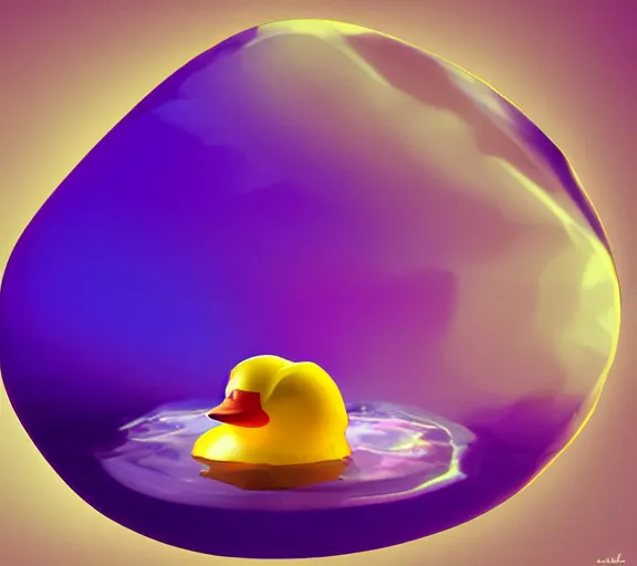 Prompt: shiny gemstone in the shape of a low - poly rubber duck floating in a pool of purple perfume, photorealism, mystical, enigmatic, digital oil painting, trending on artstation