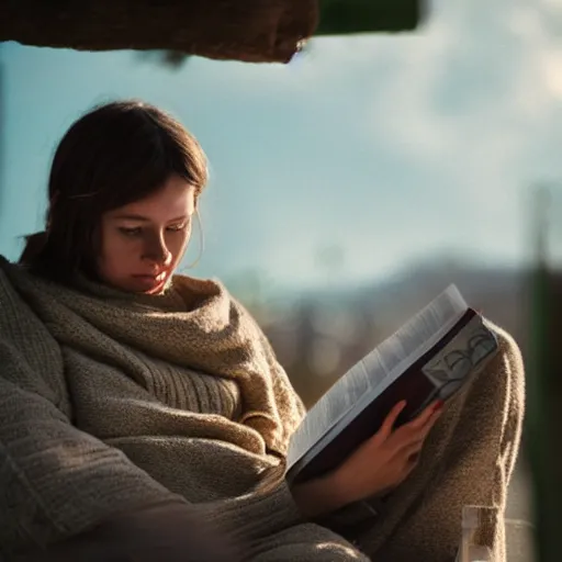 Image similar to a girl reading a book, by Emmanuel Lubezki