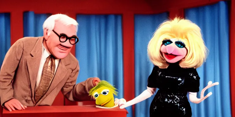 Prompt: Photoreal Cinematography of a photorealistic muppet version of Debbie Harry hosting The Muppet show, standing with with Steve Martin with a photo accurate photorealistic face