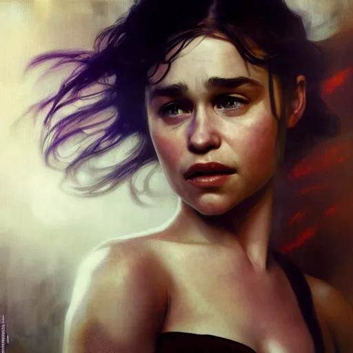 Prompt: emilia clarke, hyperrealistic full figure, bladerunner street alley, art of elysium by frank frazetta and by jeremy mann and by alphonse mucha, fantasy art, photo realistic, dynamic lighting, artstation, full figure poster, volumetric lighting, very detailed face, 4 k, award winning