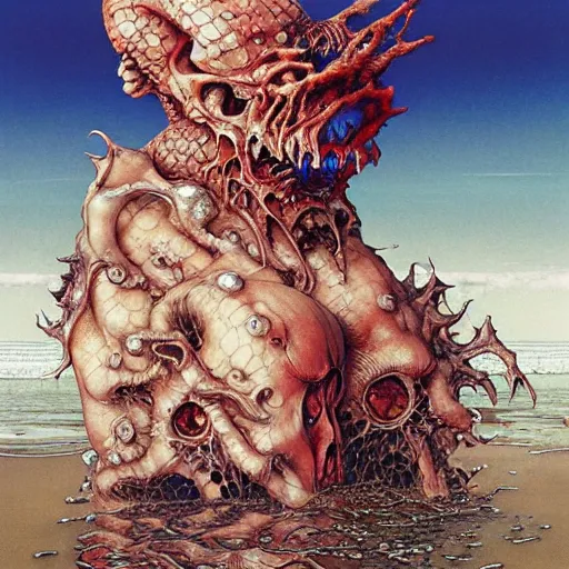Prompt: realistic detailed image of Monsters at the Beach by Ayami Kojima, Amano, Karol Bak, Greg Hildebrandt, and Mark Brooks, Neo-Gothic, gothic, rich deep colors. Beksinski painting, part by Adrian Ghenie and Gerhard Richter. art by Takato Yamamoto. masterpiece