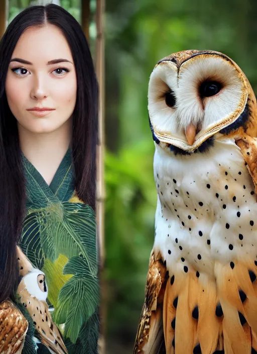 Image similar to portrait photograph of beautiful!!!! young female model, symmetric face!!, symmetric eyes!!, slight smile!, natural light, wearing a yellow kimono with a very detailed barn owl!! on her shoulder!!! in a tropical greenhouse. looking at the camera!!. super resolution. Extremely detailed. Graflex camera!, bokeh!!.