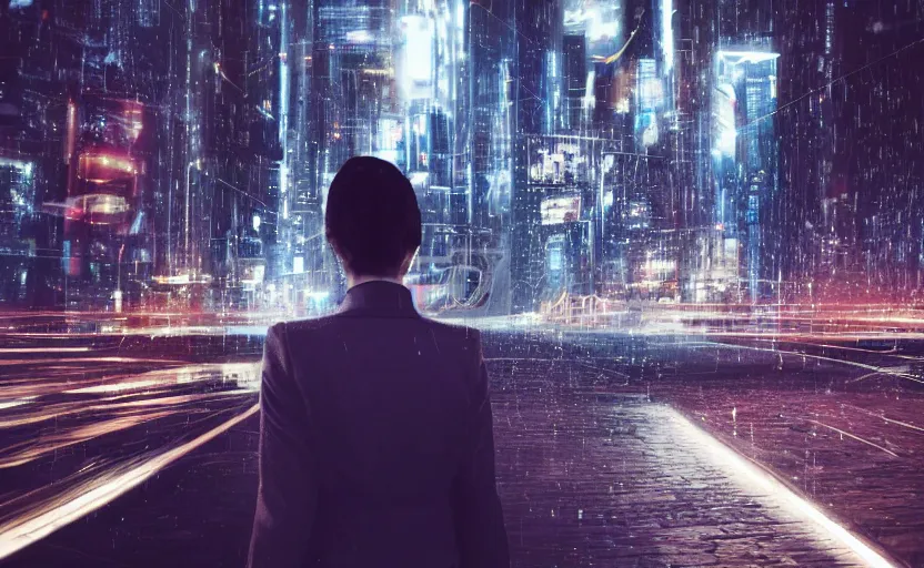 Image similar to a wide shot of a woman with a wool suit, blurred face, wearing an omega speedmaster on her wrist in a dystopian city at night with cyberpunk lights