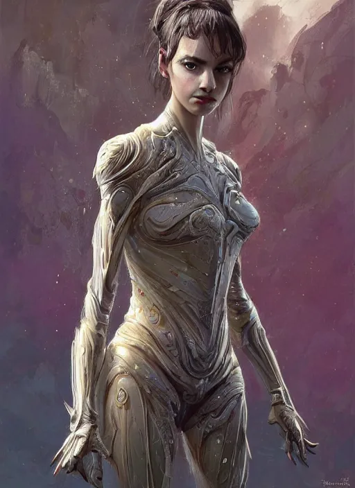 Image similar to a professional painting of a beautiful young female alien, clothed in ethereal armor, olive skin, long dark hair, beautiful bone structure, symmetrical facial features, intricate, elegant, digital painting, concept art, smooth, sharp focus, illustration, from Valerian and the City of a Thousand Planets, by Ruan Jia and Mandy Jurgens and Artgerm and William-Adolphe Bouguerea