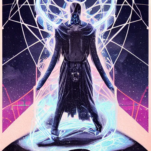 Image similar to elden ring themed majestic futuristic visionary inventor nikola tesla tarot crad by sachin teng, artgerm, darius zawadzki, masterpiece, organic painting, matte painting, technical geometrical drawing shapes, lightning electricity coil, hard edges, graffiti, high quality art by sachin teng, artstation trending