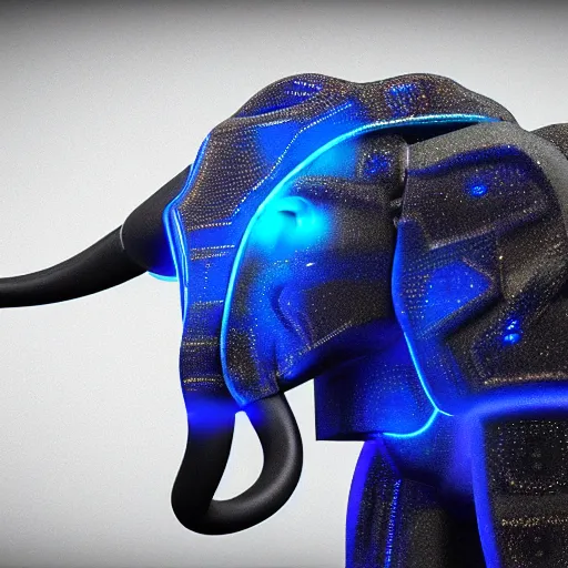 Image similar to hyper realistic cybertronic elephant. high details of body and face. complex realistic mechanical body. blue led. cyberpunk style, intricate, trending on art station, 8 k render.