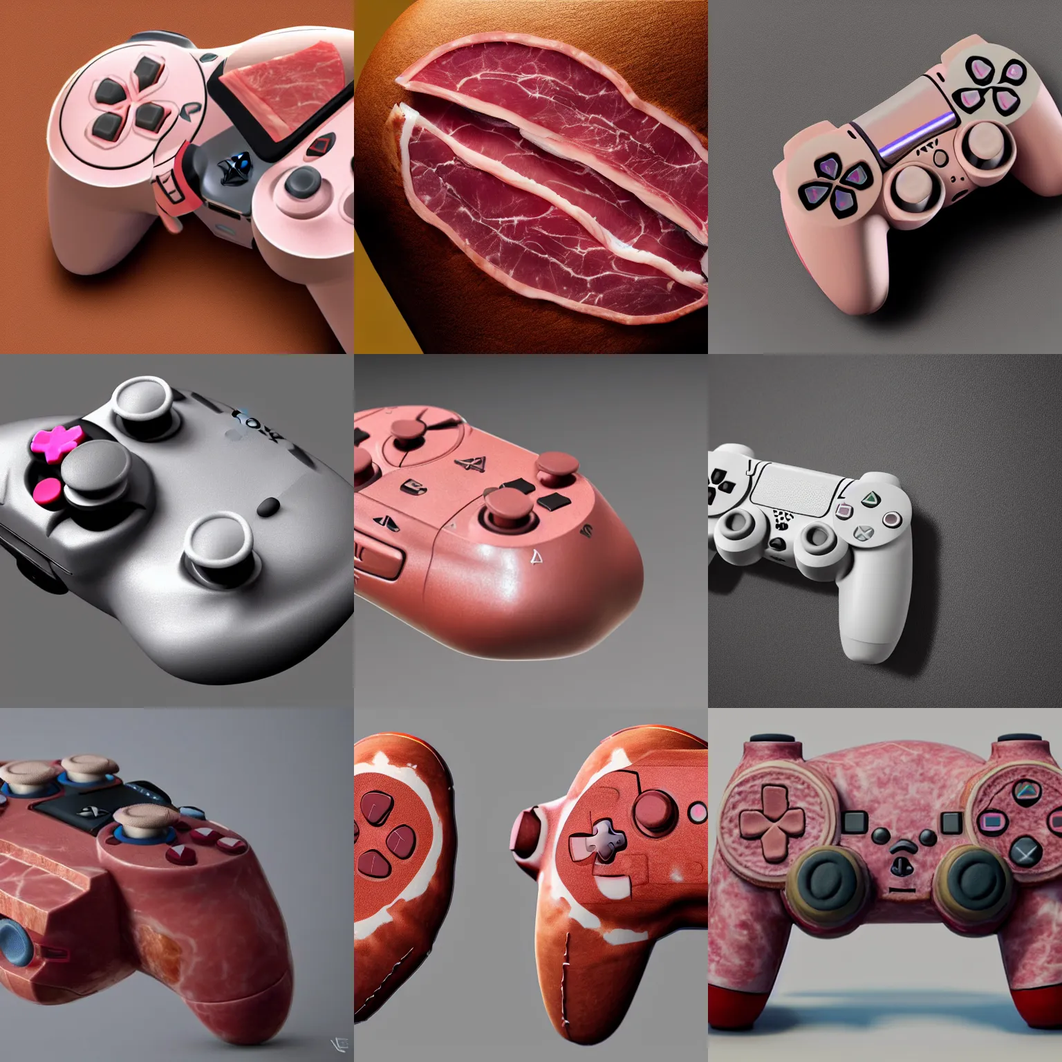 Prompt: a playstation controller made out of ham, hyperrealism, ultra high detail, uhd, cinematic, no blur