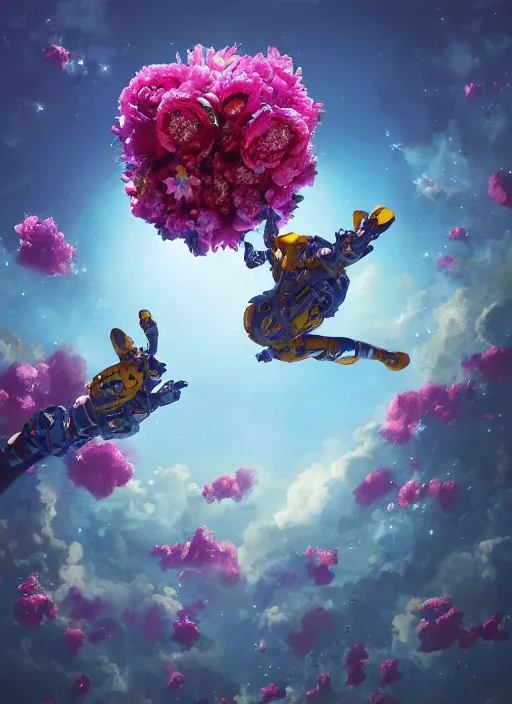 Prompt: An epic fantastic realism comic book style painting of the most beautiful flowers launched into space, bouquets hurdling toward the nearest star, fisheye lens, unreal 5, DAZ, hyperrealistic, octane render, dynamic lighting