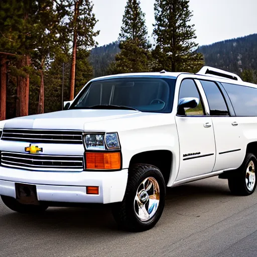 Prompt: white 2001 Chevrolet suburban, car photography, taken in big bear lake California