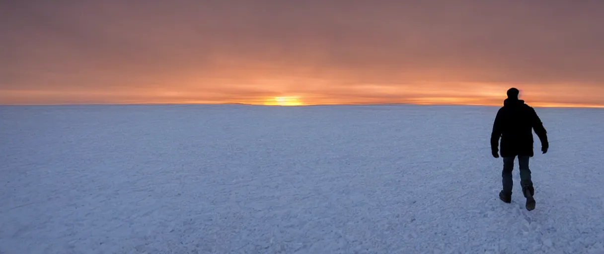 Image similar to a high quality color extreme closeup depth of field creepy hd 4 k film 3 5 mm photograph of the faint barely visible silhouette of a bulky man walking away from a blizzard into a clear desolate snow field with the golden sunset antarctica sky in the distance