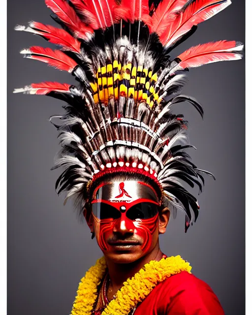 Prompt: photo of a Dramatic Theyyam male dancer with red indian headgear painted face wearing futuristic goggles space helmet and Roman soldier metallic armour with traditional theyyam costume in the style of stefan kostic, full body, feather native american headgear, realistic, sharp focus, symmetric, 8k high definition, insanely detailed, intricate, elegant, art by stanley lau and artgerm, Hajime Sorayama, William-Adolphe Bouguereau