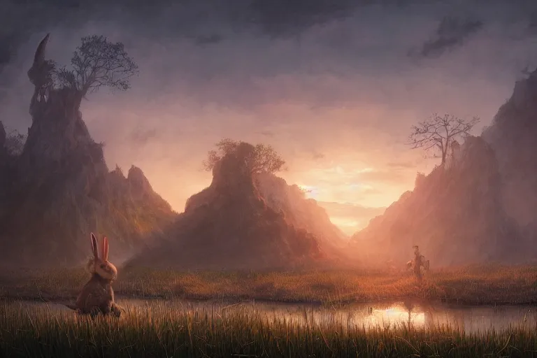 Image similar to fantasy painting, dungeons and dragons, a faerie village, swamp reeds wetland marsh sunset with ominous shadows, a bunny by jessica rossier and brian froud cinematic painting