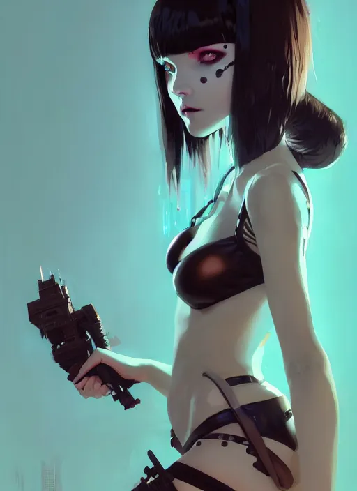 Image similar to portrait of cute goth girl in cyber bikini armor, face by ilya kuvshinov, warhammer, cyberpunk, by atey ghailan, by greg rutkowski, by greg tocchini, by james gilleard, by joe fenton, by kaethe butcher, dynamic lighting, gradient light blue, brown, blonde cream and white color in scheme, grunge aesthetic