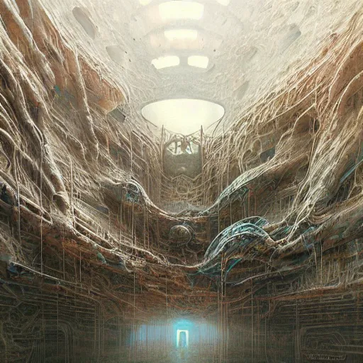 Image similar to inside epic futuristic structure by raymond swanland and zdzisław beksinski, highly detailed