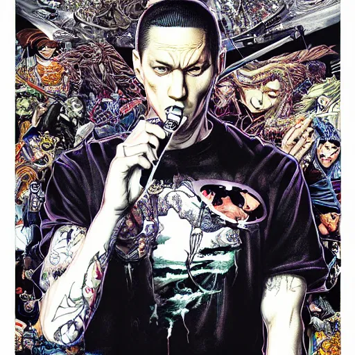 Prompt: portrait of crazy eminem singer, symmetrical, by yoichi hatakenaka, masamune shirow, josan gonzales and dan mumford, ayami kojima, takato yamamoto, barclay shaw, karol bak, yukito kishiro