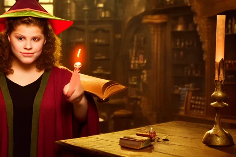 Image similar to close up portrait, dramatic lighting, teen witch calmly pointing a magic wand casting a spell over a large open book on a table with, short hair, cat on the table in front of her, sage smoke, a witch hat cloak, apothecary shelves in the background, still from harry potter and peter pan