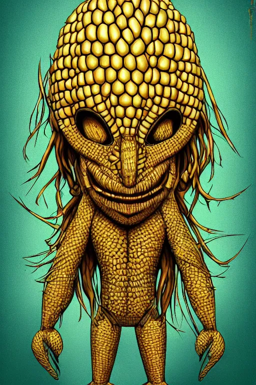 Image similar to corn humanoid figure monster, symmetrical, highly detailed, digital art, sharp focus, trending on art station, anime art style