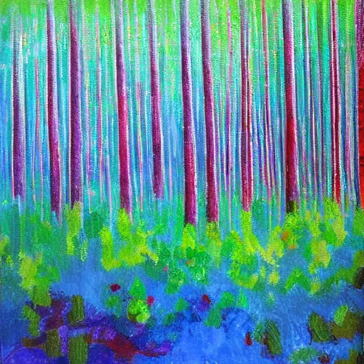 Image similar to a forest with green, blue, red tree trunks. acrylic of canvas, impressionist painting