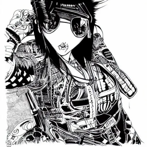 Image similar to an incredibly detailed ink pen drawing of a japanese female in motorcycle clothing by kim jung gi