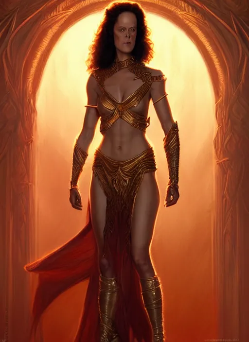 Image similar to young sigourney weaver in dejah thoris outfit, intricate, elegant, glowing lights, highly detailed, digital painting, artstation, glamor pose, concept art, smooth, sharp focus, illustration, art by artgerm and greg rutkowski, artey freytag