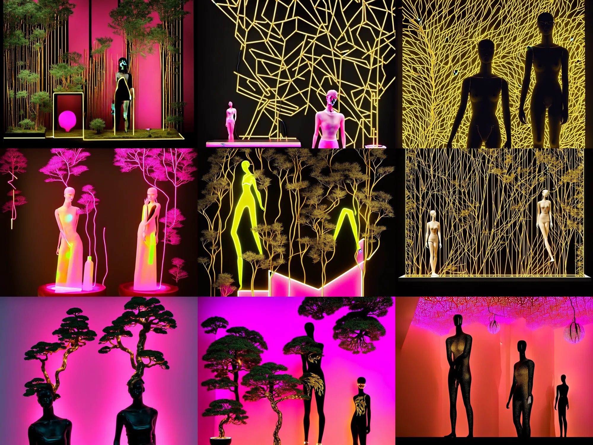 Prompt: beautiful mannequin sculpted out of black glass by billelis + lit with geometric neon dripping gold + forest in background!!!, facing a doorway opening with neon pink geometric fractal light + flowering bonsai trees, transcendent, clean linework, dramatic, finely detailed, 4 k, trending on artstation, award winning, photorealistic, volumetric lighting, octane render